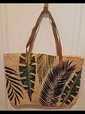 Macy's Woven Straw Tote with Green & Black Leaf Print and Brown Straps